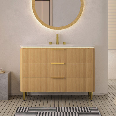 AMARA 48'' Bathroom Vanity&Sink, Freestanding Curved Edges Ultra-Slim Grille Plywood Storage Cabinet, 3 Drawers, Carrara White Sintered Stone Integrated Basin, Pre-Assembled, Light Oak Woodgrain Color