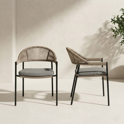 Harbor Modern Rope Woven Patio Dining Chairs - All-Weather Stackable Outdoor & Indoor Armchairs - Cloudy Brown Powder Coated Steel with Premium Cushions (Set of 2)