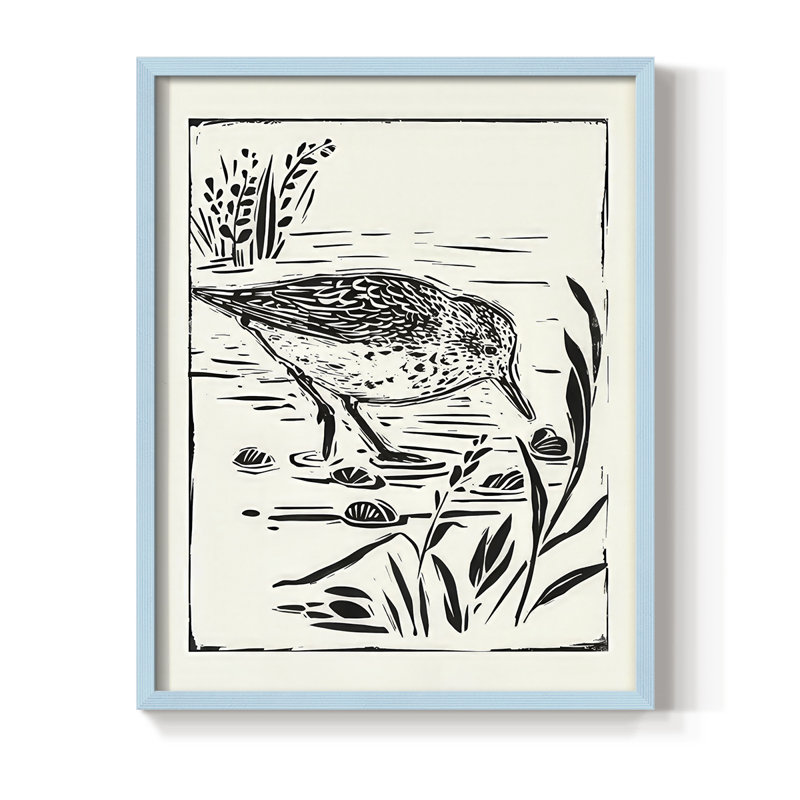 Linocut Style Seabird III, reproduction encadrée - bois massif, H 21 po x l 17 po, Bleu