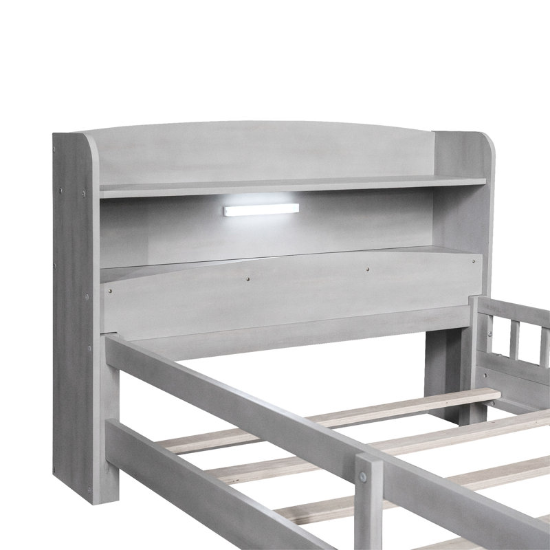 Lit plateforme simple en bois avec DEL, tête de lit avec rangement et garde-corps de couleur grise antique, construction solide, rangement, DEL et pour un repos paisible