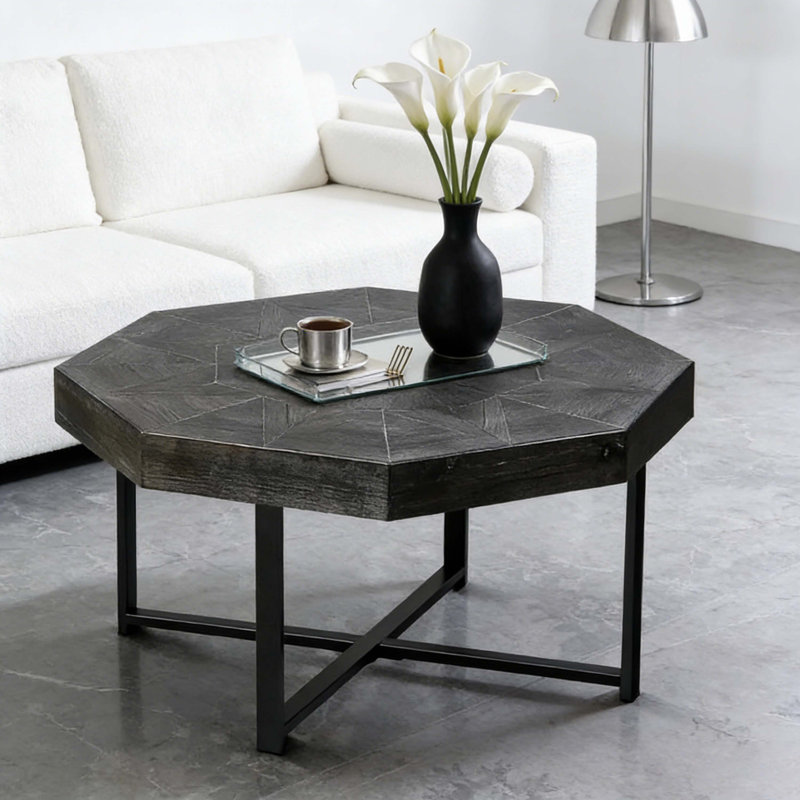Table basse octogonale en bois avec patchwork de style campagnard 30 pouces, Noir antique