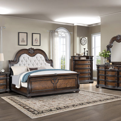1Pc Traditional Style Faux Leather Upholstered Headboard Button Tufted Formal Bedroom Furniture Formal Sleigh Bed