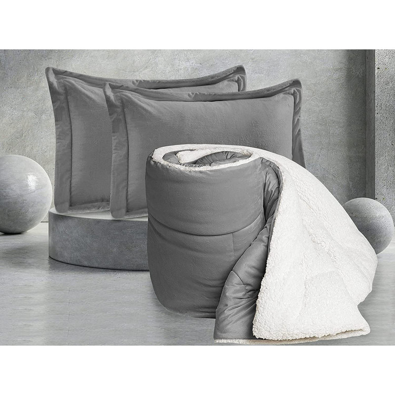 Mocassi Solid Sherpa Geometric Shapes Comforter, Gray, King Comforter + 2 King Shams