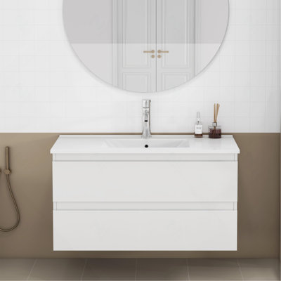 36" Handle-Free Glossy White Bathroom Vanity with Sink Combo, 2 Large Soft-Close Drawers