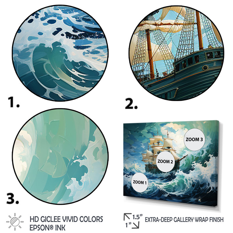 The Pirate Boat Odyssey's Voyage I - Art mural classique, H 24 po x l 32 po x P 1 po, Cadre flottant brun