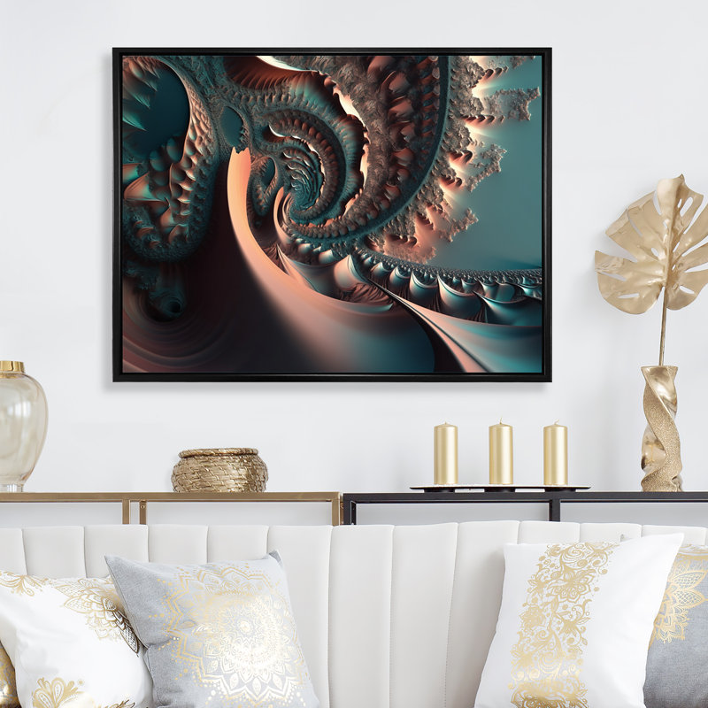 «Turquoise Fractal Mystery III», reproduction sur toile, H 16 po x l 32 po x P 1 po, Toile avec cadre flottant noir