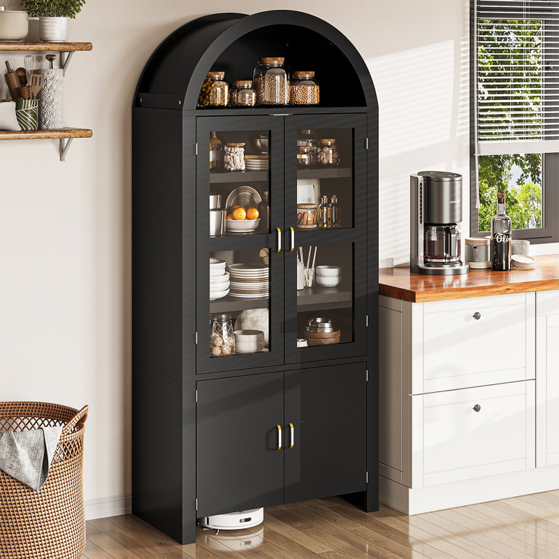Garde-manger arqué Collette de 71 po, armoires de cuisine modernes avec tablettes ouvertes et réglables, Noir