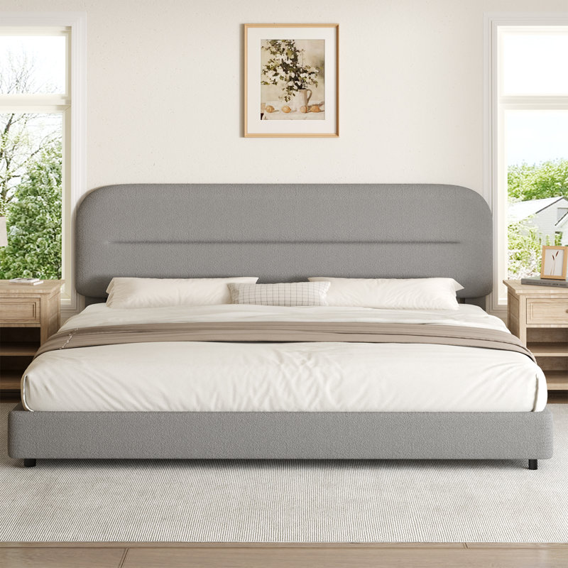 Hayden Platform Bed Frame, Cloud Collection with Boucle Upholstery & Rounded Headboard, Thickened Footboard, Gray, King