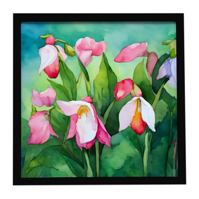 Minnesota Pink and White Lady’s Slippers in Watercolor Framed Metal Print