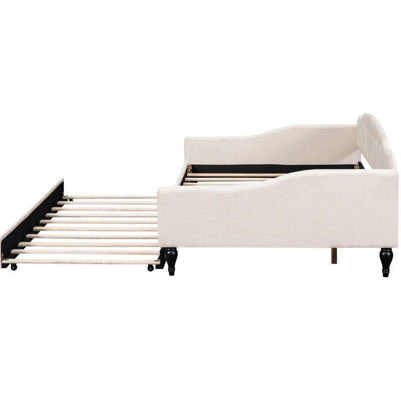 Full Size Daybed With Beige Bedding And Twin Trundle - Robust & Enticing Maximizes Room Space