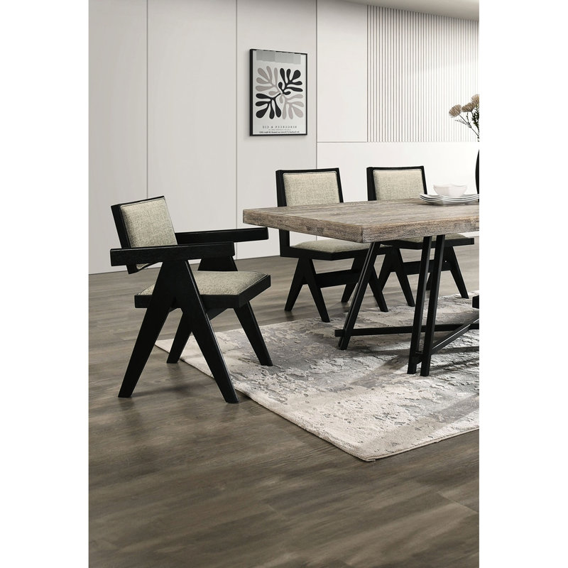 Chaises de salle à manger contemporaines rembourrées en tissu noir 2 pièces avec coussins gris et pieds en bois massif de style moderne