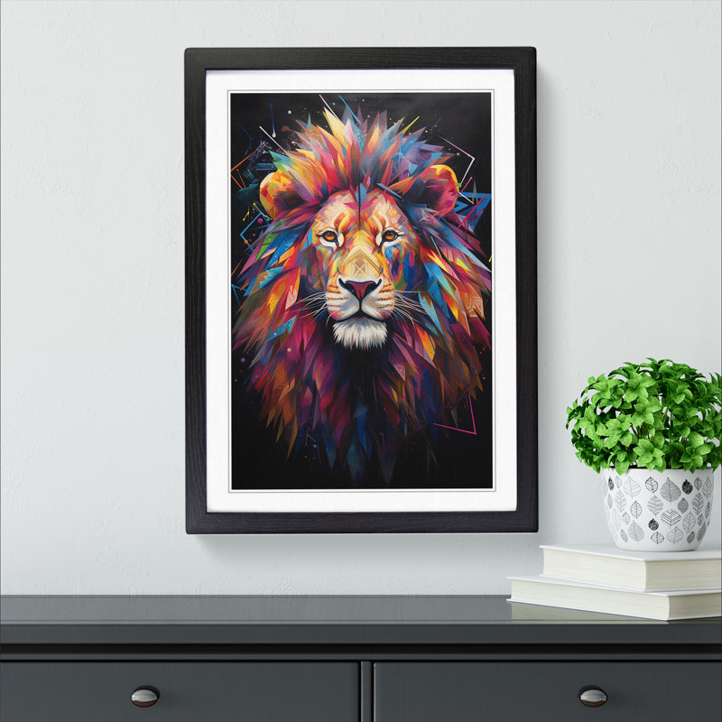 Lion Neo-Plasticism - Single Picture Frame Print on Wood, 34cm H x 25cm W x 2cm D, Black