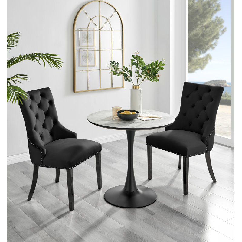 White Marble Effect Round Dining Table And 2 Luxury Velvet Dining Chairs, Black