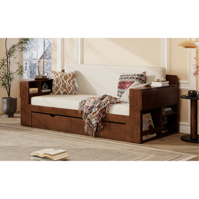 Lit de jour avec bureau amovible, tiroirs de rangement et table d'appoint hydraulique