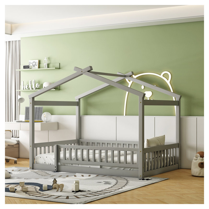 Structure de lit double pleine grandeur avec clôture et toit - Lit en bois gris pour les filles et les garçons, Lit double