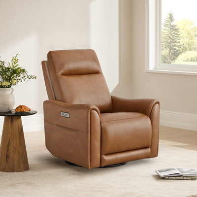 Genuine Leather Swivel Glider Power Recliner with Pocket and USB by Latitude Run