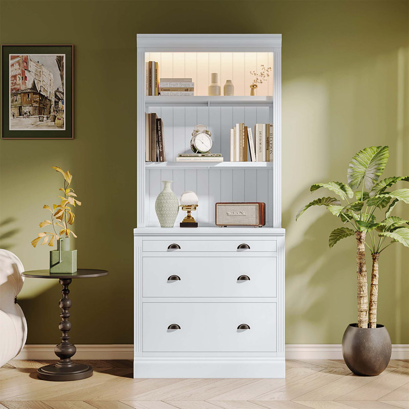 White Adjustable Corner Wood Bookcase Suite with LED Lighting