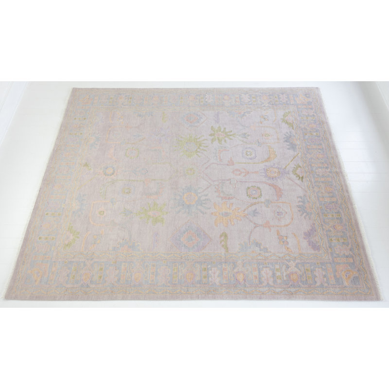 Rose Hand Knotted Wool Block Print Area Rug, Square 10'