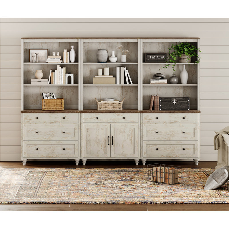 Scarlett Sideboard Cabinet With Bar Hutch, Farmhouse Sideboard Credenza With 6 Ample Drawer For Dining Room,  Large Storage Cabinet With Wood Doors And 5 Tier Shelve, Rustic White