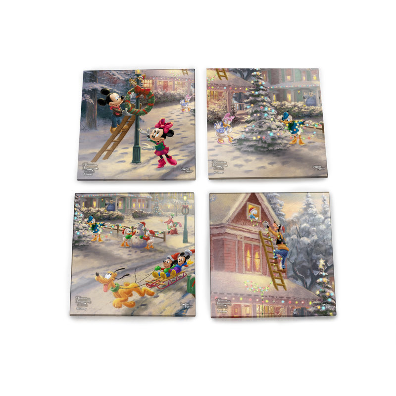 (Symboles) Ensemble de sous-verres en verre Starfire, Thomas Kinkade / Noël victorien de Mickey