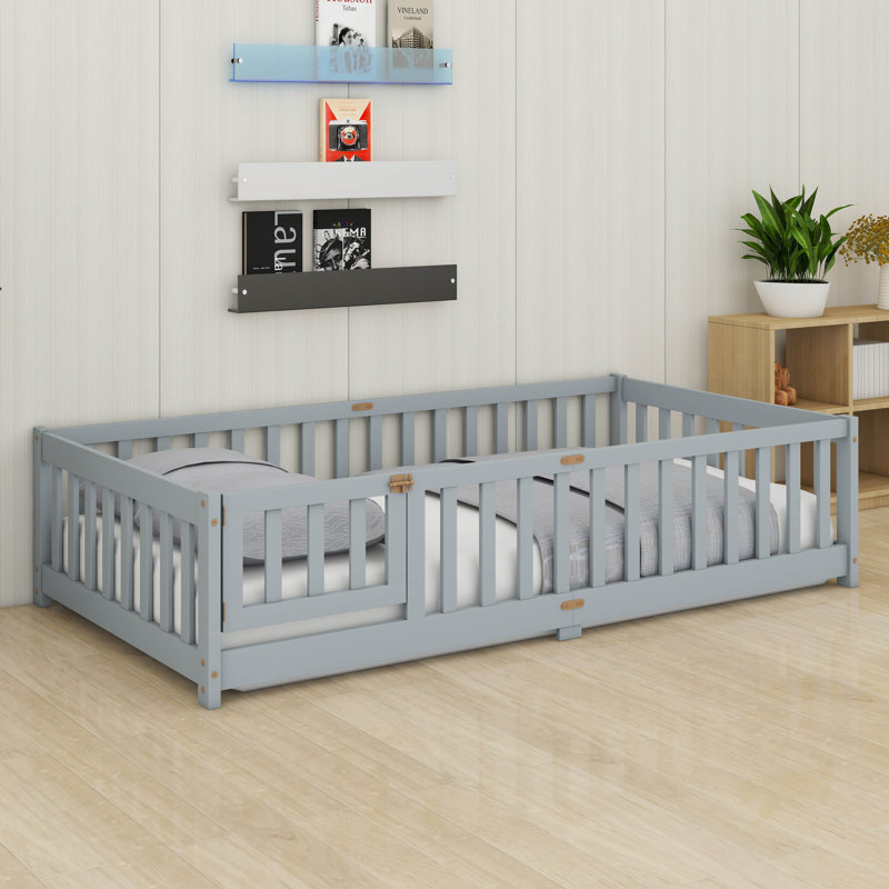 Lit en bois avec porte et clôture, cadre de lit avec garde-corps pleine longueur, Lit simple, Gris
