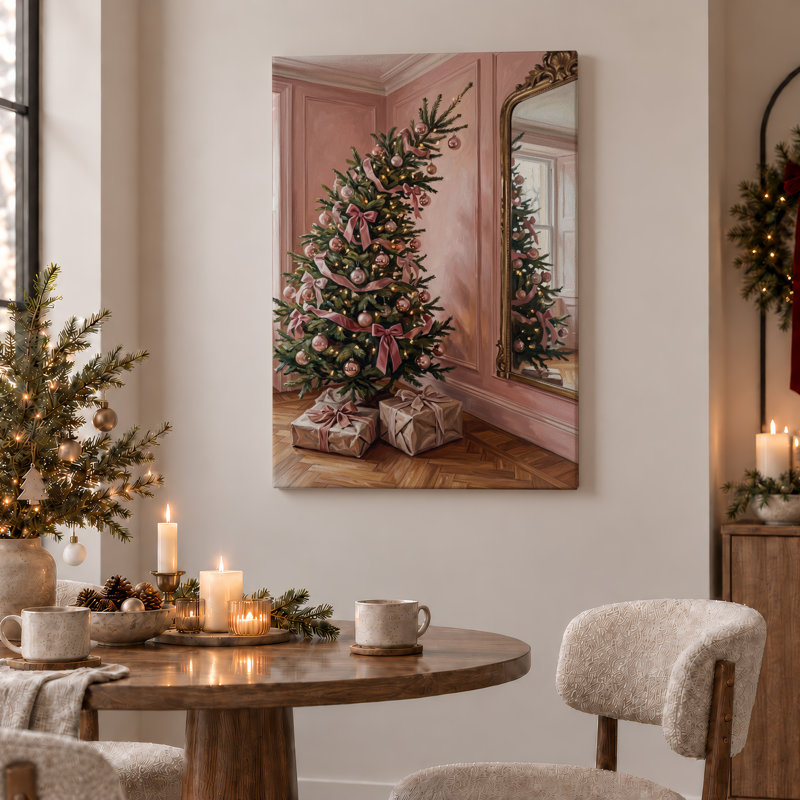 Arbre vert avec rubans roses dans une pièce rose, art mural sur toile de Noël, H 36 po x l 24 po