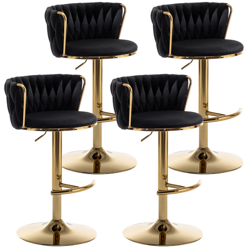 Velvet Bar Stools Set Of 4, Counter Height Bar Chairs With Low Back, Swivel Bar Stools For Kitchen Island, Bar Pub, Black