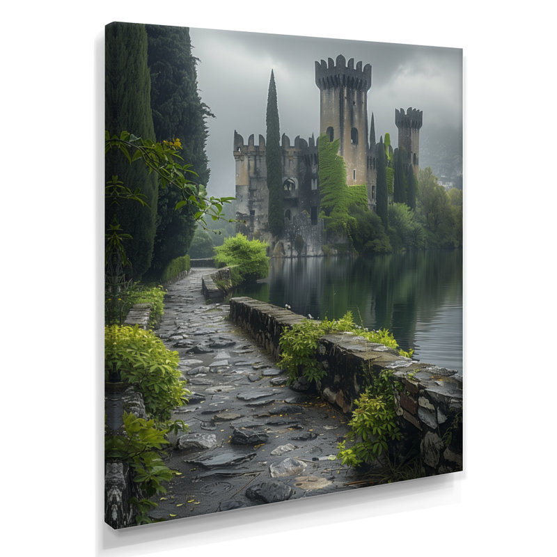 Gris et vert été, château britannique, tempête II - châteaux, art mural, salon, Toile tendue, H 32 po x l 24 po