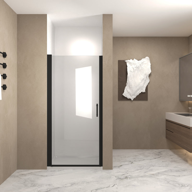 36"X 72" Matte Black Aluminum Half-Frame Pivot Shower Door – 1/4" Tempered Glass With Explosion-Proof Film, Ansi Z97.1 Certified & Space-Saving Design