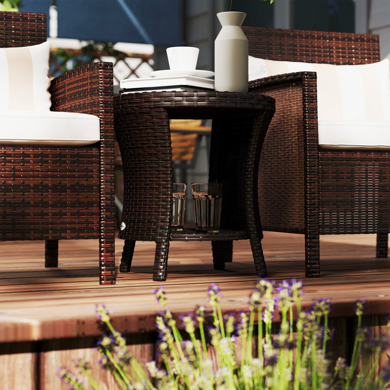 18" Wicker Outdoor Coffee Table, 2-Tier Patio Side Table, Brown, Brown, Brown