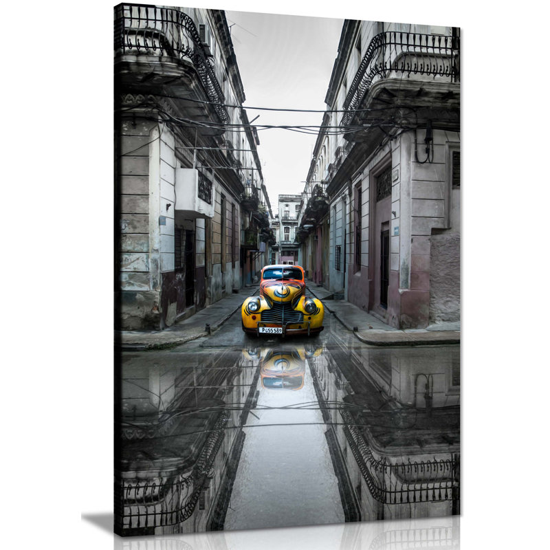Panther Print Fine Art Prints Yellow Classic Retro Car Parked On The Streets Of Havana Artistic Framed Canvas Prints, Pictures For Home Walls, Bedroom, Living Room & Bathroom Decor - Wrapped Canvas Art Prints
