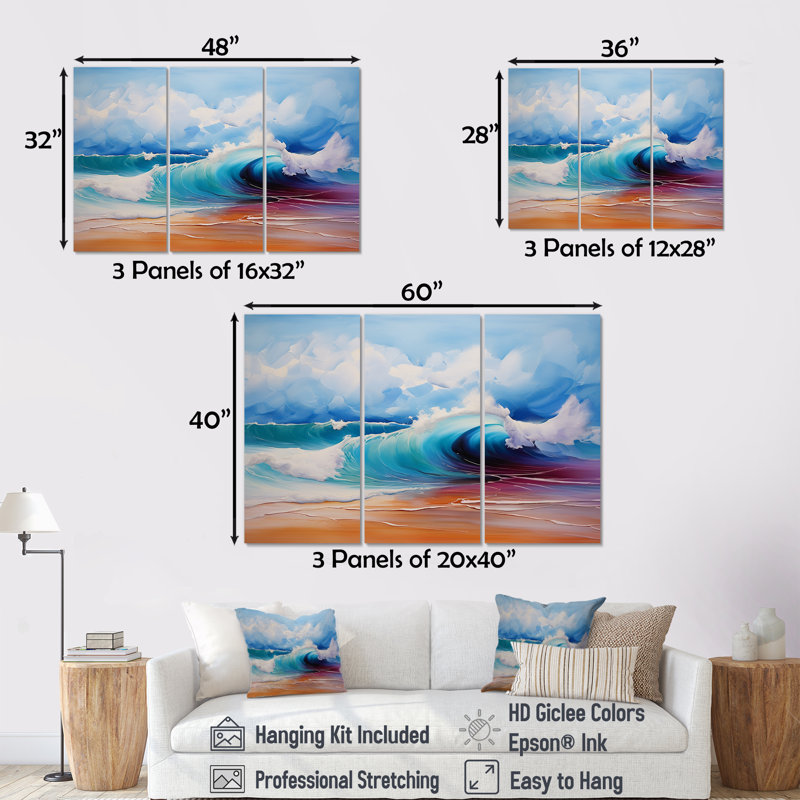 «Vibrant Beach Waves 5» - art mural vagues côtières, Toile tendue, H 40 po x l 61 po x P 1 po