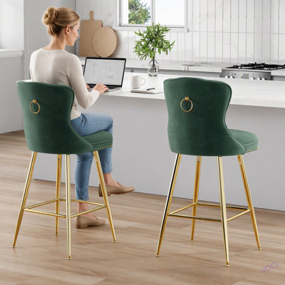 Ensemble de 2 tabourets de bar, tabourets de bar à hauteur de comptoir en velours avec pieds en métal, garniture capitonnée et têtes de clous, chaises de bar à oreilles pour le pub de l'îlot de cuisine