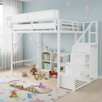 Lit mezzanine double avec escalier, lit mezzanine double en métal avec tablettes de rangement, lit mezzanine haut avec garde-robe pour enfants adolescents