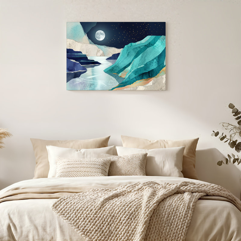 Impression sur toile Layered Blue and Teal Mountain River Under Full Moon, H 36 po x l 48 po
