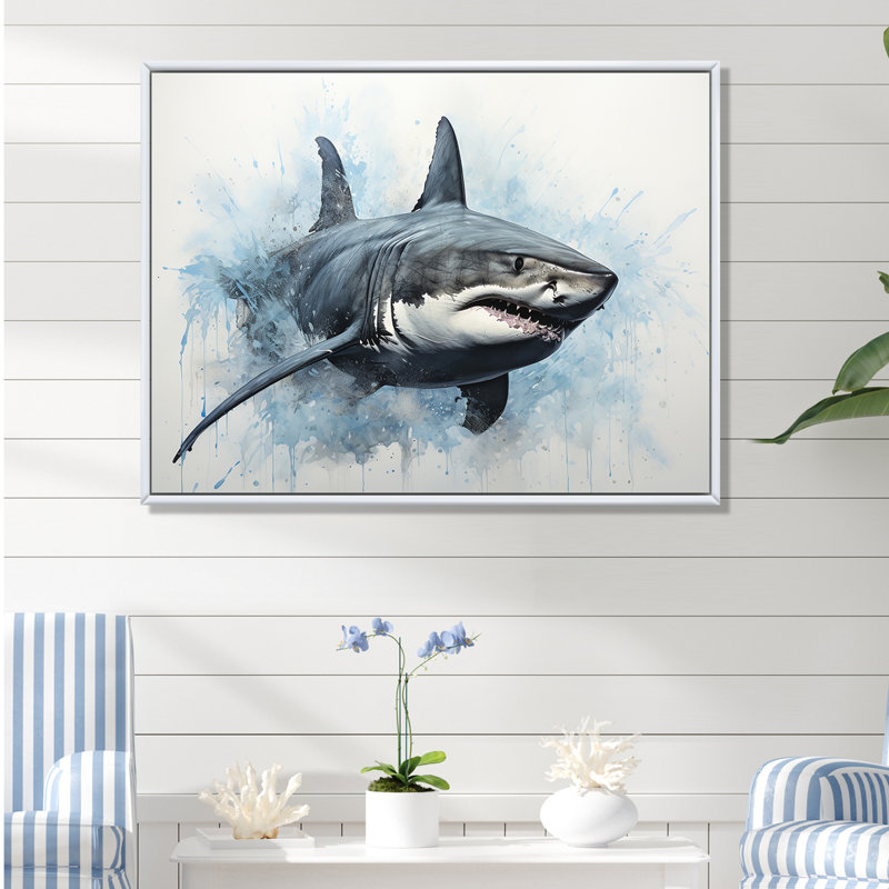 " Minimalism Blue Shark Painting I ", White Floater Framed, 34" H x 44" W x 1.5" D
