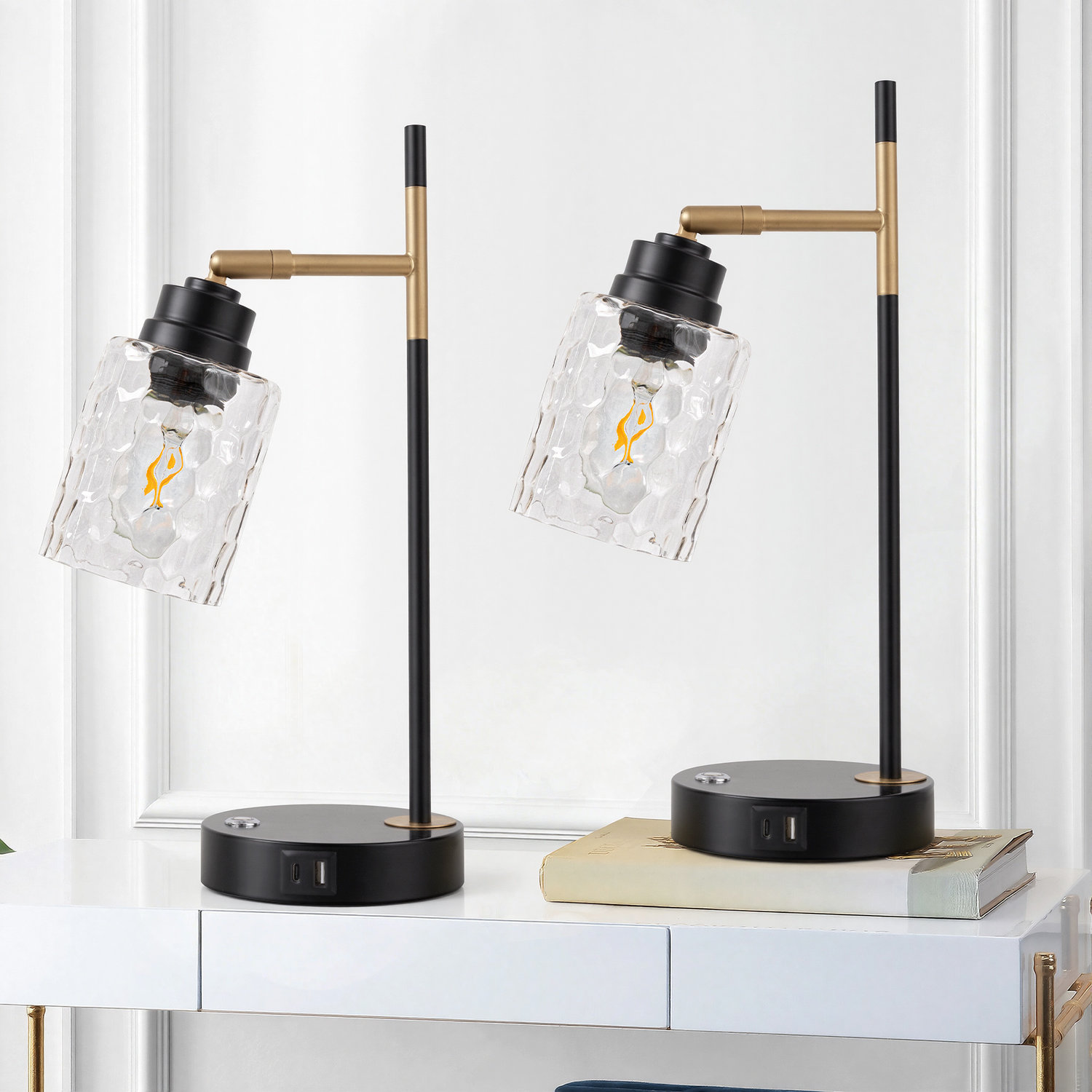 Millwood Pines Dimmable Metal Glass Desk Lamp with USB & Type-C & Bulbs ...