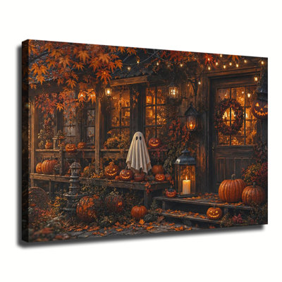 «Rustic Fall Cabin Porch», décoré avec une statue fantôme, des citrouilles-lanternes et des guirlandes de lumières chaudes, art mural pour Halloween