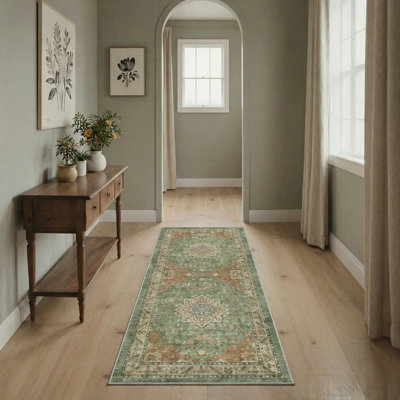Roehit Safran Floral Machine Washable Green/Orange/Brown Indoor Oriental Performance Area Rug with Non-Slip Backing