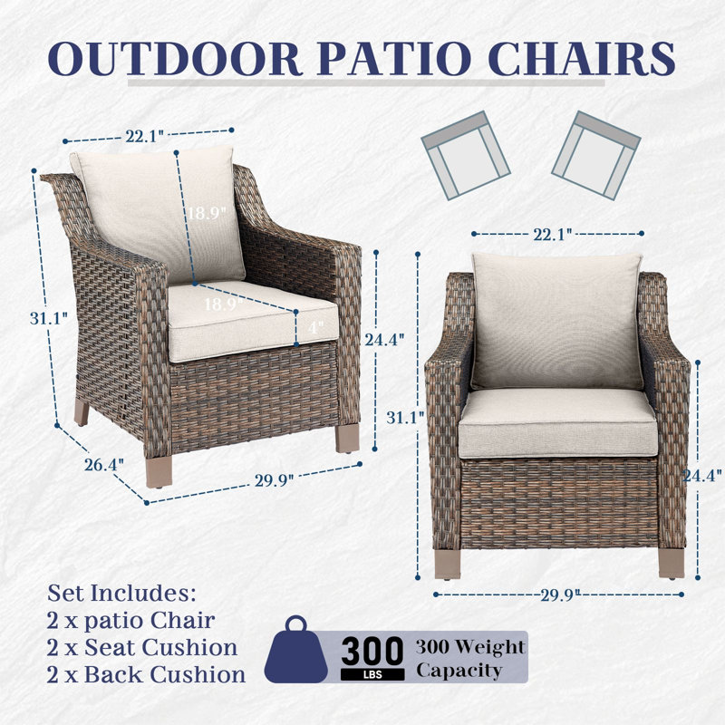 Jenesys Outdoor Wicker Club Chairs & Ottomans Set - Weather-Resistant, Beige