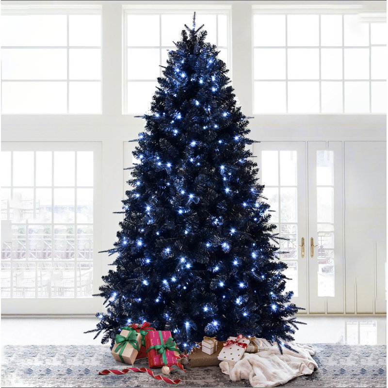 Arbre de Noël noir de 7 pi avec 450 lumières DEL blanches, arbre artificiel PE + PVC à 1916 pointes pour décoration d'Halloween et des Fêtes, structure à charnières avec support en métal stable