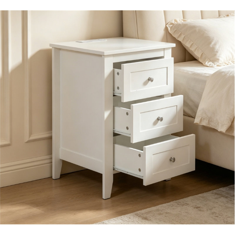 Stylish 3 Drawer Nightstand with Charging Station, USB Ports and Power Outlets, Wooden Bedside Table for Bedroom