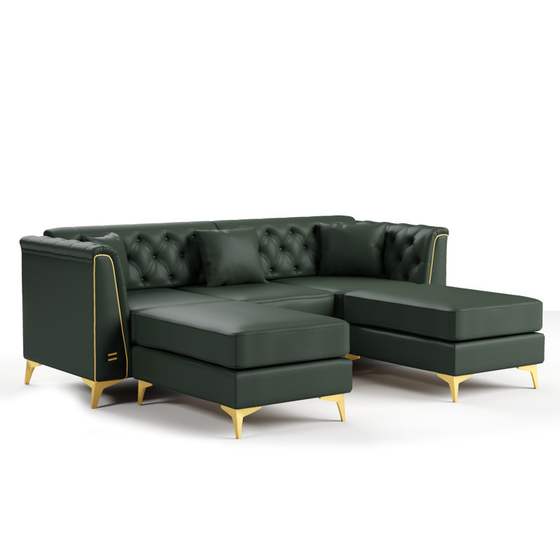 Canapé Chesterfield de luxe modulaire 3 places 81,5 po avec garniture cloutée, canapé en similicuir avec capitonnage à boutons fait à la main, accoudoirs à garniture métallique et pieds minces en métal, comprend 3 coussins