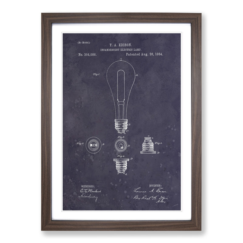 Light Bulb Patent Dark - Picture Frame Painting, 36cm H x 27cm W x 2cm D, Walnut Framed, Violet/Purple