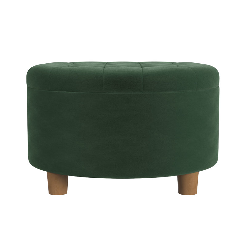 Repose-pieds avec rangement Jo, dessus relevable capitonné rond de 28 pouces, velours épice, Vert olive