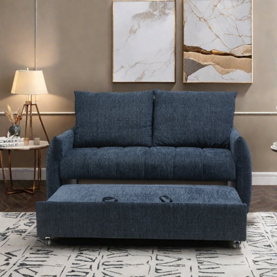 57.48" Big Size Sofa Bed Navy Line Fabric Futon Couch with Adjustable Backrest, Modern Loveseat Sofa Sleeper for Living Room