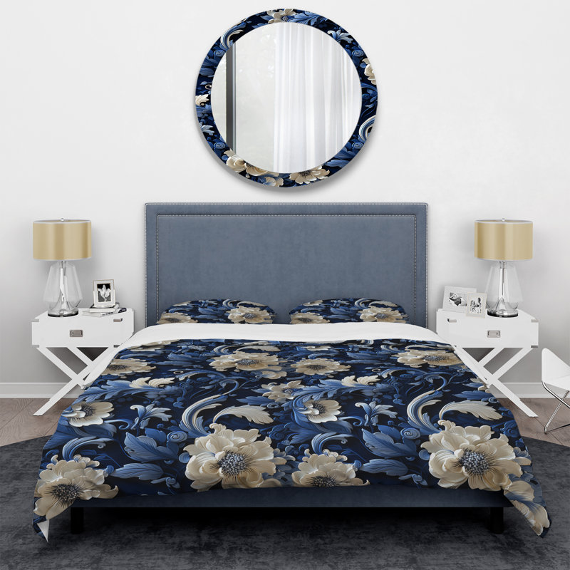 Literie à motif de volutes bleu cobalt, Housse de couette pour grand lit et 2 taies décor