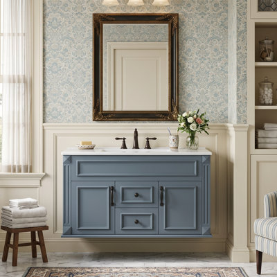 36" Modern French Bathroom Vanity with Ceramic Integrated Sink, Solid Wood Floating Cabinet with 2 Drawers (White/Black/Gray/Blue)