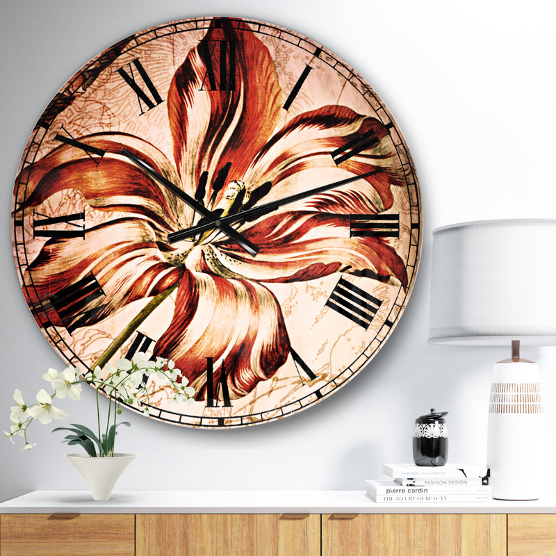 Horloge murale rouge à motif floral rouge avec papillon, Moyen