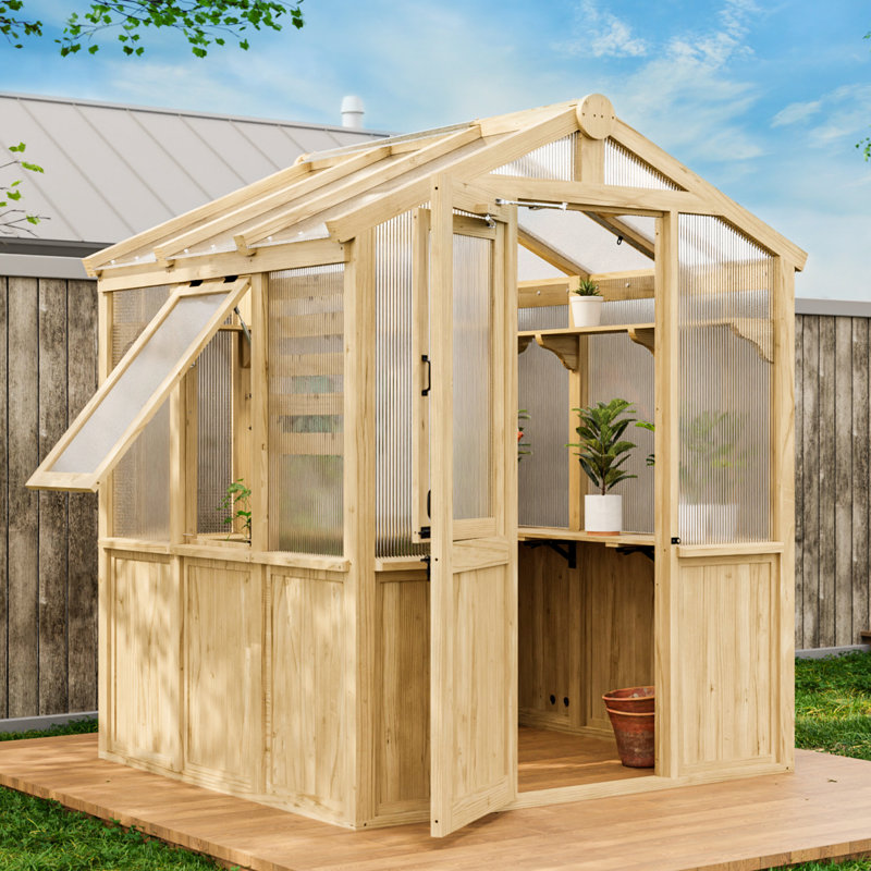 7x6 ft Beige Cedar and Polycarbonate Walk-In Greenhouse
